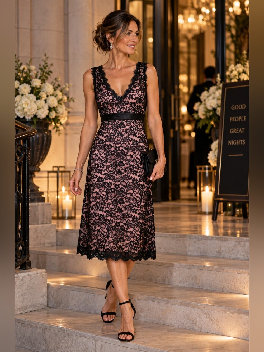 Tadashi black lace over pink silk v neck A line high waist dress size 6